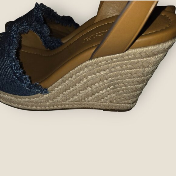 Coach Kelley Denim Espadrille Wedge Sandals - Tan Leather - Sz 6 - Picture 4 of 7
